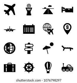 Solid vector icon set - plane vector, airport tower, runway, hotel, schedule, globe, dollar pin, signpost, beach, lounger, suitcase, hand wheel, air balloon, moon rover