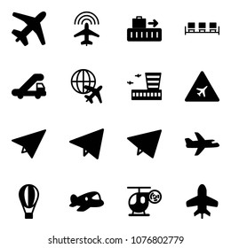 Solid vector icon set - plane vector, radar, baggage, waiting area, trap truck, globe, airport building, road sign, paper, fly, air balloon, toy, helicopter