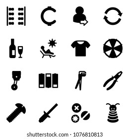 Solid vector icon set - plane seats vector, cent, user login, refresh, wine, beach, t shirt, parasol, piston, battery, plumber, pliers, screw, clinch, rivet, pyramid toy