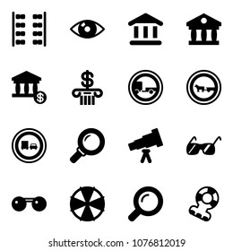 Solid vector icon set - plane seats vector, eye, bank, account, no trailer road sign, cart horse, truck overtake, magnifier, telescope, sunglasses, parasol, teethers