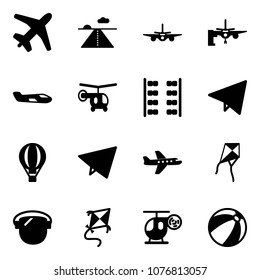 Solid vector icon set - plane vector, runway, boarding passengers, small, helicopter, seats, paper fly, air balloon, kite, protect glass, toy, beach ball