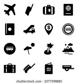 Solid vector icon set - plane vector, suitcase, passport, trap truck, dollar pin, customs road sign, bus, beach, palm, mountains, trailer