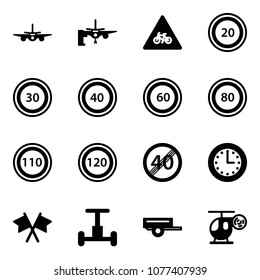 Solid vector icon set - plane vector, boarding passengers, road for moto sign, speed limit 20, 30, 40, 60, 80, 110, 120, end, time, flags cross, gyroscope, trailer, helicopter toy