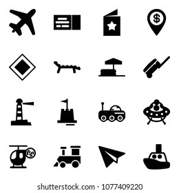Solid vector icon set - plane vector, ticket, star postcard, dollar pin, main road sign, lounger, inflatable pool, suitcase, lighthouse, sand castle, moon rover, ufo toy, helicopter, train, paper