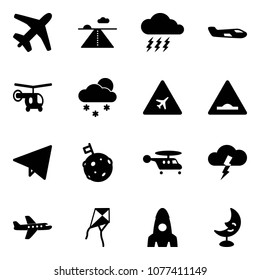 Solid vector icon set - plane vector, runway, storm, small, helicopter, snowfall, airport road sign, artificial unevenness, paper fly, moon flag, kite, rocket, lamp