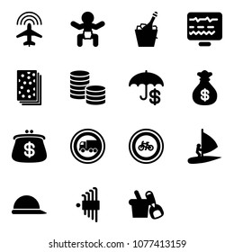 Solid vector icon set - plane radar vector, baby, champagne, diagnostic monitor, breads, coin, insurance, money bag, purse, no truck road sign, bike, windsurfing, construction helmet, allen key set