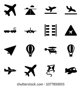 Solid vector icon set - plane vector, runway, departure, arrival, baggage truck, seats, airport road sign, paper, air balloon, helicopter, kite, toy