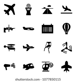 Solid vector icon set - plane vector, airport tower, runway, arrival, boarding passengers, small, schedule, air balloon, helicopter, kite, wind mill, dryer, toy