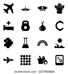 Solid vector icon set - plane vector, candy, angel, hospital bed, weight, onion, cent, puzzle, flask, rainbow, reading, circuit, shovel bucket, game console
