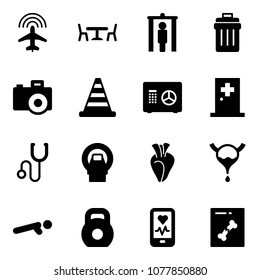 Solid vector icon set - plane radar vector, cafe, metal detector gate, trash bin, camera, road cone, safe, first aid room, stethoscope, mri, heart, bladder, push ups, weight, mobile monitor, x ray