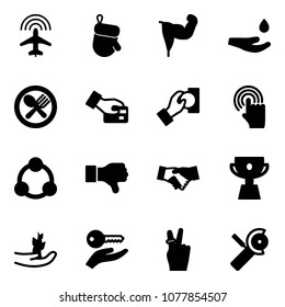 Solid vector icon set - plane radar vector, christmas glove, power hand, drop, fork spoon plate, card pay, cash, cursor, social, dislike, agreement, cup, sproute, key, victory, Angular grinder