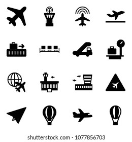 Solid vector icon set - plane vector, airport tower, radar, departure, baggage, waiting area, trap truck, scales, globe, building, road sign, paper, air balloon