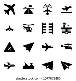 Solid vector icon set - plane vector, runway, radar, departure, helicopter, seats, airport building, road sign, paper, jointer