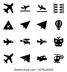 Solid vector icon set - plane vector, departure, arrival, seats, airport road sign, paper, fly, air balloon, helicopter, butterfly, toy