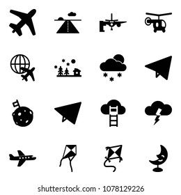 Solid vector icon set - plane vector, runway, boarding passengers, helicopter, globe, christmas landscape, snowfall, paper fly, moon flag, cloud ladder, storm, kite, lamp