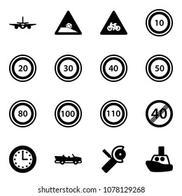 Solid vector icon set - plane vector, steep roadside road sign, for moto, speed limit 10, 20, 30, 40, 50, 80, 100, 110, end, time, cabrio, Angular grinder, toy boat
