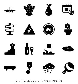 Solid vector icon set - plane vector, angel, pear, calendar, road signpost sign, wild animals, no moto, flower pot, success, wine, reading, woman hat, skateboard, piston, snow, beanbag