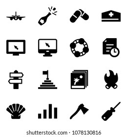 Solid vector icon set - plane vector, champagne, pills, doctor hat, monitor cursor, friends, history, signpost, pyramid flag, photo, fire, shell, chart, axe, screwdriver