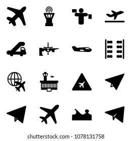 Solid vector icon set - plane vector, airport tower, traffic controller, departure, trap truck, boarding passengers, small, seats, globe, building, road sign, paper, fly, jointer