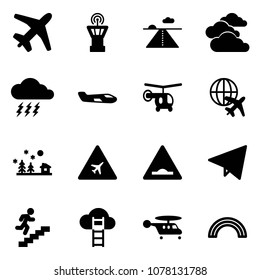 Solid vector icon set - plane vector, airport tower, runway, clouds, storm, small, helicopter, globe, christmas landscape, road sign, artificial unevenness, paper fly, career, cloud ladder, rainbow
