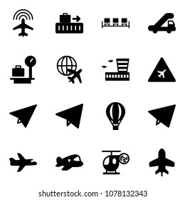 Solid vector icon set - plane radar vector, baggage, waiting area, trap truck, scales, globe, airport building, road sign, paper, fly, air balloon, toy, helicopter