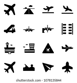 Solid vector icon set - plane vector, runway, departure, arrival, trap truck, boarding passengers, seats, airport building, road sign, jointer, paper, toy