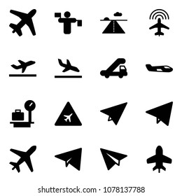 Solid vector icon set - plane vector, traffic controller, runway, radar, departure, arrival, trap truck, small, baggage scales, airport road sign, paper, fly, toy