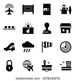 Solid vector icon set    plane radar vector  fenced area  coffee machine  passport control  waiting  terrorism  stamp  duty free  trap truck  storm  side wind  lock  globe  airport building