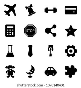 Solid vector icon set - plane vector, bell, barbell, credit card, calculator, stop road sign, share, star, flask, tie, laser, gear, doll, moon lamp, car, puzzle