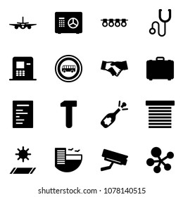 Solid vector icon set - plane vector, safe, garland, stethoscope, atm, no bus road sign, agreement, case, document, work, fizz opening, jalousie, mat, hotel, surveillance camera, molecule