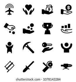 Solid vector icon set - plane radar vector, heart care, investment, cash pay, cup, growth, success, rock axe, key hand, bucksaw, clinch, Angular grinder, pipe welding