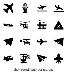 Solid vector icon set - plane vector, airport tower, departure, arrival, small, helicopter, building, road sign, paper fly, toy