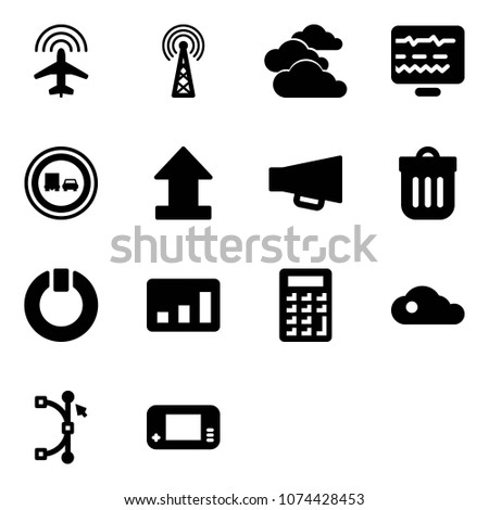 Solid vector icon set - plane radar vector, antenna, clouds, diagnostic monitor, no truck overtake road sign, uplooad, loudspeaker, trash bin, standby, statistics, calculator, cloud, bezier
