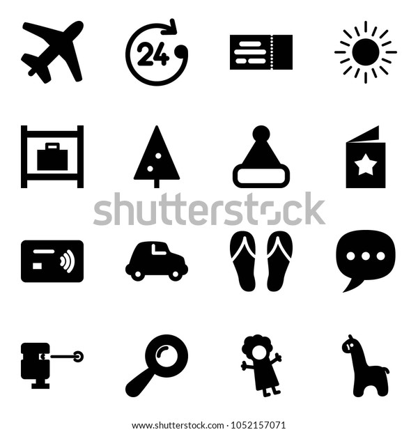 Solid\
vector icon set - plane vector, 24 hours, ticket, sun, baggage\
room, christmas tree, hat, star postcard, tap pay, car, flip flops,\
chat, laser lever, beanbag, doll, toy\
giraffe