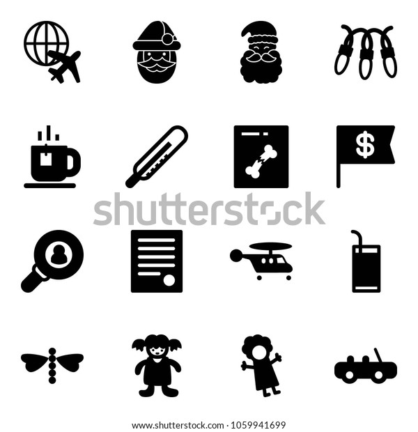 Solid vector\
icon set - plane globe vector, santa claus, garland, tea,\
thermometer, x ray, dollar flag, head hunter, agreement,\
helicopter, drink, dragonfly, doll, toy\
car