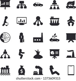 Solid vector icon set - planting plants flat vector, factory, hydroelectric power station, manufactory, eco cars, electric, hierarchy, wealth, flipchart, computer chart, businessman, gymnastics