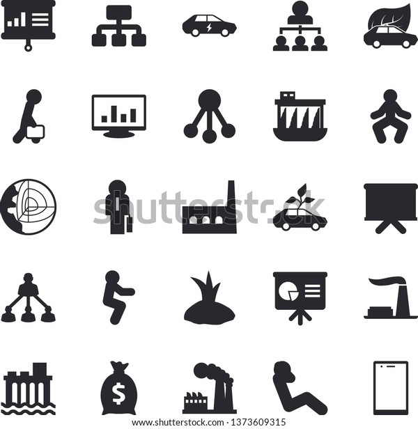 Solid vector icon set - planting plants flat\
vector, factory, hydroelectric power station, manufactory, eco\
cars, electric, hierarchy, wealth, flipchart, computer chart,\
businessman, gymnastics