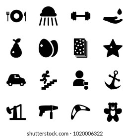 Solid vector icon set - plate spoon fork vector, shower, barbell, drop hand, pear, eggs, breads, star, car, career, winner, anchor, oil derrick, drill machine, boomerang, bear toy