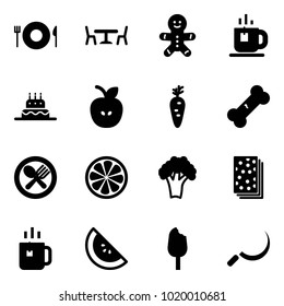 Solid vector icon set - plate spoon fork vector, cafe, cake man, tea, apple, carrot, broken bone, lemon slice, broccoli, breads, green, watermelone, ice cream, sickle