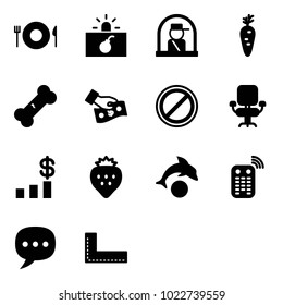 Solid vector icon set - plate spoon fork vector, terrorism, officer window, carrot, broken bone, cash pay, no parking road sign, office chair, dollar chart, strawberry, dolphin, remote control, chat