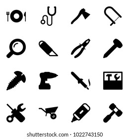 Solid vector icon set - plate spoon fork vector, stethoscope, axe, fretsaw, magnifier, work knife, pliers, nail, screw, drill, soldering iron, tool box, wrench screwdriver, wheelbarrow, marker