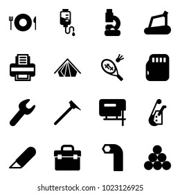 Solid vector icon set - plate spoon fork vector, drop counter, lab, treadmill, printer, tent, badminton, micro flash card, wrench, mason hammer, jig saw, winch, work knife, tool box, allen key