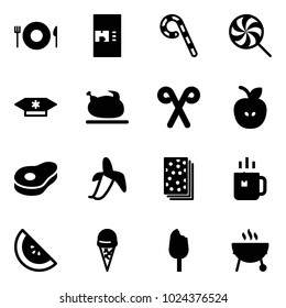 Solid vector icon set - plate spoon fork vector, coffee machine, lollipop, candy, turkey, santa stick, apple, meat, banana, breads, green tea, watermelone, ice cream, grill