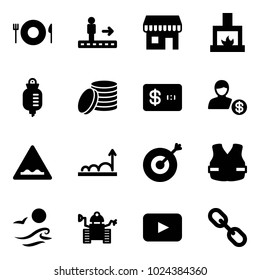 Solid vector icon set - plate spoon fork vector, travolator, duty free, fireplace, drop counter, coin, credit card, account, rough road sign, growth, target, life vest, waves, robot, playback, link