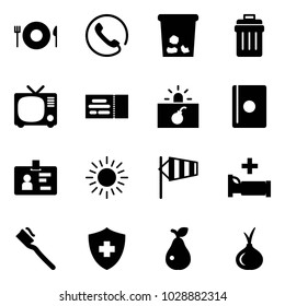 Solid vector icon set - plate spoon fork vector, phone, trash, bin, tv, ticket, terrorism, passport, identity, sun, side wind, hospital bed, tooth brush, pear, onion