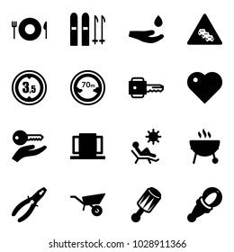 Solid vector icon set - plate spoon fork vector, ski, drop hand, multi lane traffic road sign, limited height, distance, key, heart, doors, beach, grill, pliers, wheelbarrow, beanbag