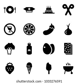 Solid vector icon set - plate spoon fork vector, candy, cake, santa stick, no alcohol sign, lemon slice, eggplant, onion, broccoli, milk, eggs, breads, strawberry, ice cream, grill
