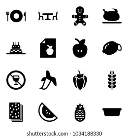 Solid vector icon set - plate spoon fork vector, cafe, cake man, turkey, diet list, apple, lemon, no alcohol sign, banana, sweet pepper, spica, breads, watermelone, pineapple, basin