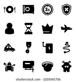 Solid vector icon set - plate spoon fork vector, safe, limited height road sign, shield cross, user, sand clock, crown, plane, car baggage, piston, power bank, trip, robot, jig saw, protect glass