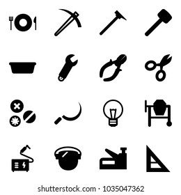 Solid vector icon set - plate spoon fork vector, job, mason hammer, rubber, basin, wrench, side cutters, scissors, rivet, sickle, bulb, cocncrete mixer, welding, protect glass, stapler, corner ruler